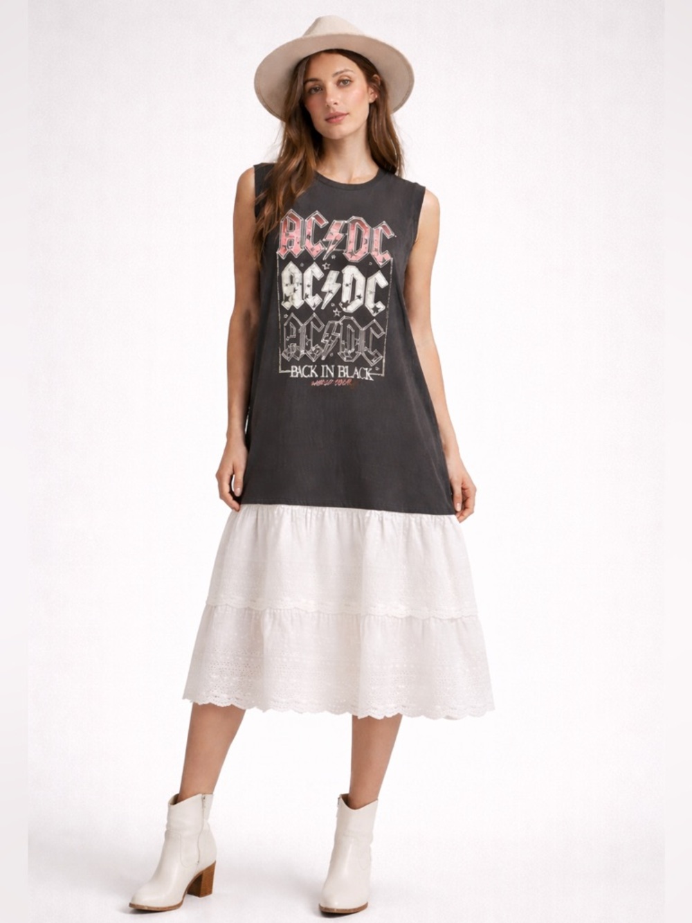 Upcycled AC/DC T WITH ruffled Peplum Skirt